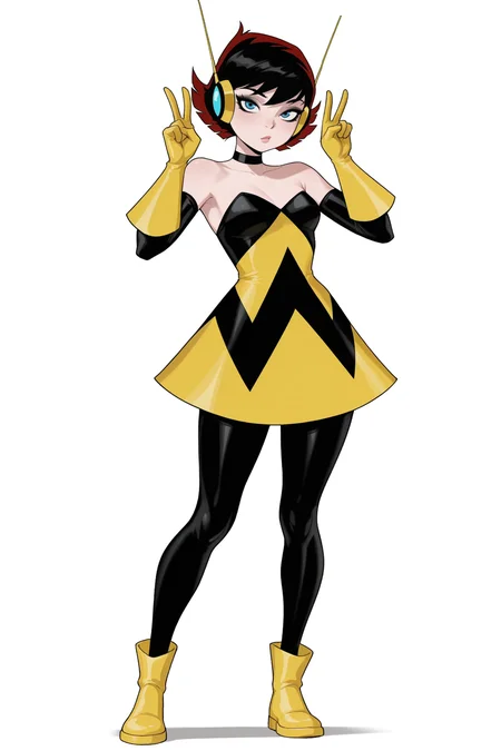 masterpiece, best quality, amazing quality, 1girl, th3w4sp, short hair, red hair, black hair, blue eyes, makeup, headphones, dress, yellow gloves, strapless, pantyhose, yellow footwear, black choker, double v, aesthetic, standing, white_background