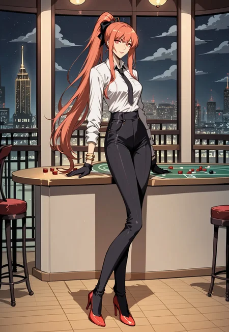 safe_pos, score_9, score_8_up, score_7_up, 1girl, night, indoor, in a casinò, full body, dynamic shot, from high, long legs standing behing a poker table, green table, solo, dynamic pose, Feng Ling, orange hair, red eyes, medium breast, long hair, ponytail, black pants, white shirt, long sleves shirt, black gilet, black neck tie, red heels, gold slim bracelets, black gloves, looking at the viewer, long legs, nice legs, white hips ultra detailed, masterpiece, <lora:add-detail-xl:1>, <lora:StS_PonyXL_Detail_Slider_v1.4_iteration_3:4>