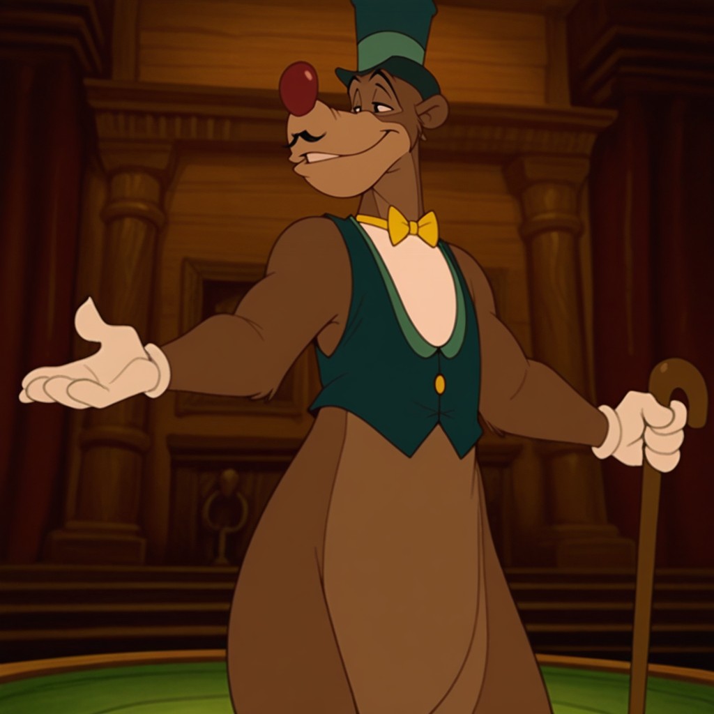 masterpiece, best quality, amazing quality, zozi, male, furry male, anthro, solo, brown fur, two tone fur, black eyes, red nose, mustache, tan muzzle, tail, claws, green top hat, green vest, white opera, yellow bowtie, white gloves, standing, holding cane, smile, arms outstretched, on stage