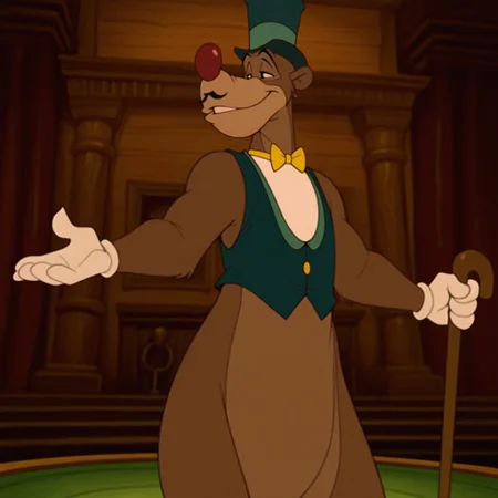 masterpiece, best quality, amazing quality, zozi, male, furry male, anthro, solo, brown fur, two tone fur, black eyes, red nose, mustache, tan muzzle, tail, claws, green top hat, green vest, white opera, yellow bowtie, white gloves, standing, holding cane, smile, arms outstretched, on stage