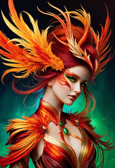 A young woman with porcelain skin and piercing green eyes, dressed in a phoenix-inspired outfit, hyper-realistic style, with intricate, fiery feathers and golden accents adorning her upper body, set against a dark, gradient background with soft, warm lighting, highlighting the subtle textures of her clothing and skin, in the style of digital painting with ultra-detailed, 4K quality.