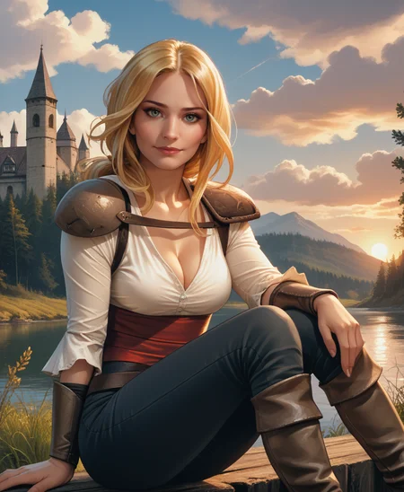 score_9, score_8_up, score_7_up, score_6_up, score_5_up, score_4_up, realistic, photoshop \(medium\), <lora:Valeria_t2-000008-128:1.0> 1girl, Valeria, blonde, large breasts, cleavage, smile, sitting, knees up, hugging knees, looking at viewer, shoulder pads, pants
, outdoors, daytime, medieval, lake, vista, clouds, sun