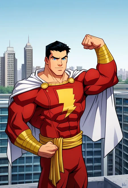 High Quality, Shazam, solo, 1man, flexing arms, black hair, blue eyes, red suite, white cape, red hero suite, muscle body, posing on the roof of a building,
