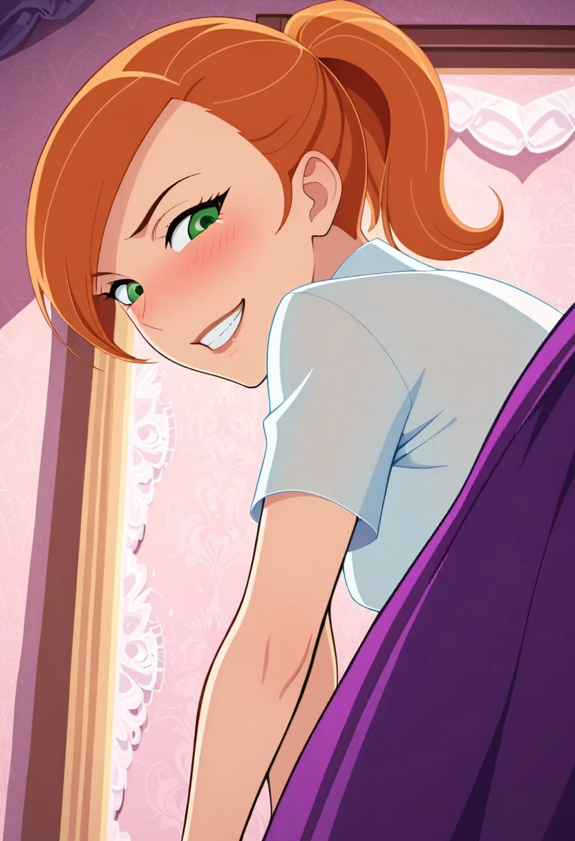 kim, ponytail, Prom dress,
solo, short, athletic, blushing, expressiveh, close up view down shirt, bent over, chest focus view, bedroom,
bedroom, on bed, naughty look, grin