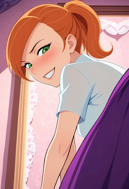 kim, ponytail, Prom dress,
solo, short, athletic, blushing, expressiveh, close up view down shirt, bent over, chest focus view, bedroom,
bedroom, on bed, naughty look, grin