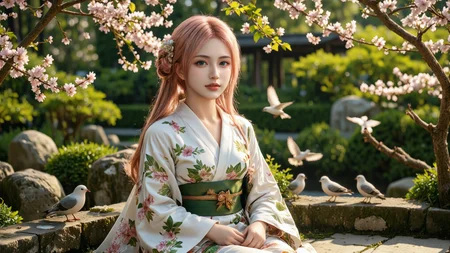a beautiful 20-year-old young woman with long pink hair styled with cherry blossom flowers,wearing a traditional floral silk kimono with green obi and gold brooch,sitting gracefully in a tranquil Japanese garden during spring,surrounded by blooming sakura trees and small white birds in flight,soft sunlight and warm tones,cinematic vivid style,sharp focus with shallow depth of field,<lora:yuukananri-base-02-flux:0.9>,yuukananri,she has a slender physique and a petite build,<lora:aidmaMJ6.1v0.4:0.6>,aidmaMJ6.1,