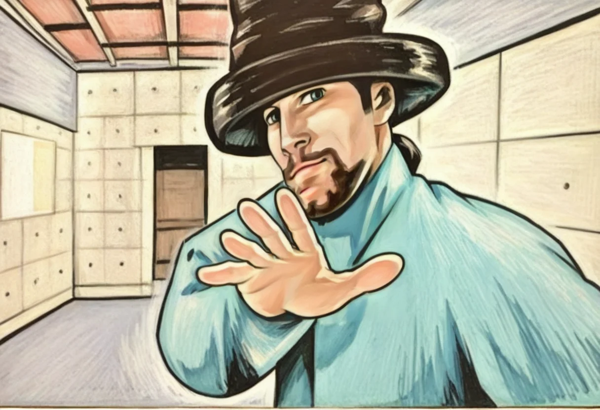 (score_9:0.9),score_8_up,score_7_up,anime style,rating_safe,(zPDXL),<lora:virtual insanity meme ponyXL v2:0.93>,virtual insanity,open hand,outstretched hand,1boy,male focus,solo,hat,facial hair,traditional media,top hat,black hair,mustache,beard,looking at viewer,upper body,sketch,