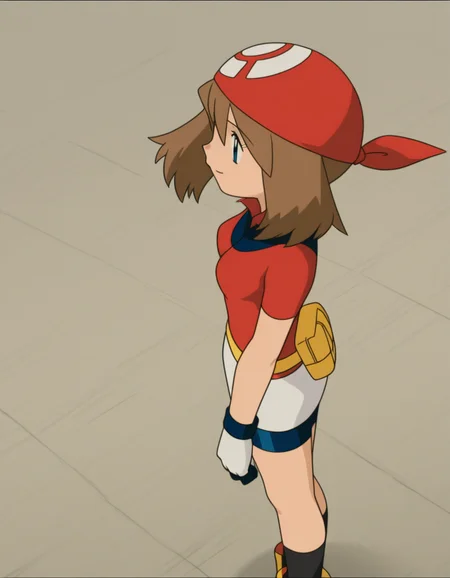 official style,may (pokemon), pokemon (anime), 2000s,brown hair, blue eyes, red bandans, red shirt, short sleeves, gloves, white pouch, white skirt, short skirt, pencil skirt, bike shorts,(standing:1.5),
explicit,(anime screencap), 2d cel anime,anime cap,anime,anime style,anime cel,cell shadedsoft brightness,perfect face,perfect nose, perfect hair, perfect eyes,perfect female body,perfect skin,a face of perfect proportion,perfect lighting,perfect anatomy,perfect proportion,perfect hands,perfect legs,perfect fingers,masterpiece,hair between eyes,
breasts,
perky breasts,best quality,very aesthetic,absurdres,16k,intricate detail,amazing quality,(bold:3.12),thick outline,black outline,harsh lines,soft lines,deluster,boldline,curvy,(anime coloring:1.2), smile,slim,
looking at viewer,
super fine illustration,detailed linework,vibrant colors,kawaii,flat color,outdoors,Stadium,
(from side:2.5),(from above:2.5),
<lora:ãã±ããã¢ã³ã¹ã¿ã¼ãã«ã«åå ´çã¢ãã¡ä½ç»é¢¨PokemonMayMovie_ANIME_Styleillustrious-000015:1:0.8>