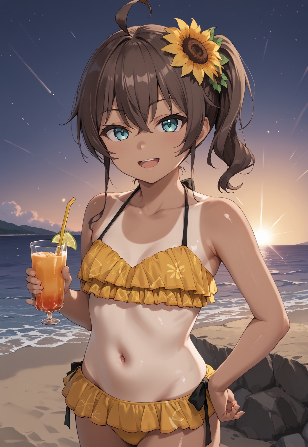 1girl, solo, solo focus, highres, absurdres, MatsuriSummer2019, brown hair, swimsuit, frilled bikini, sunflower hair ornament, side ponytail, ahoge, hair flower, tanlines, one-piece tan, bangs, hair between eyes, navel, yellow bikini, blue eyes, collarbone, bare shoulders, small breasts, medium hair, black ribbon,

looking at viewer, smug, open mouth, holding cup, cocktail, from side,

beach, dark, night, night sky, 

light particles, backlighting, shade, light rays, lens flare, shiny skin, fine fabric emphasis,