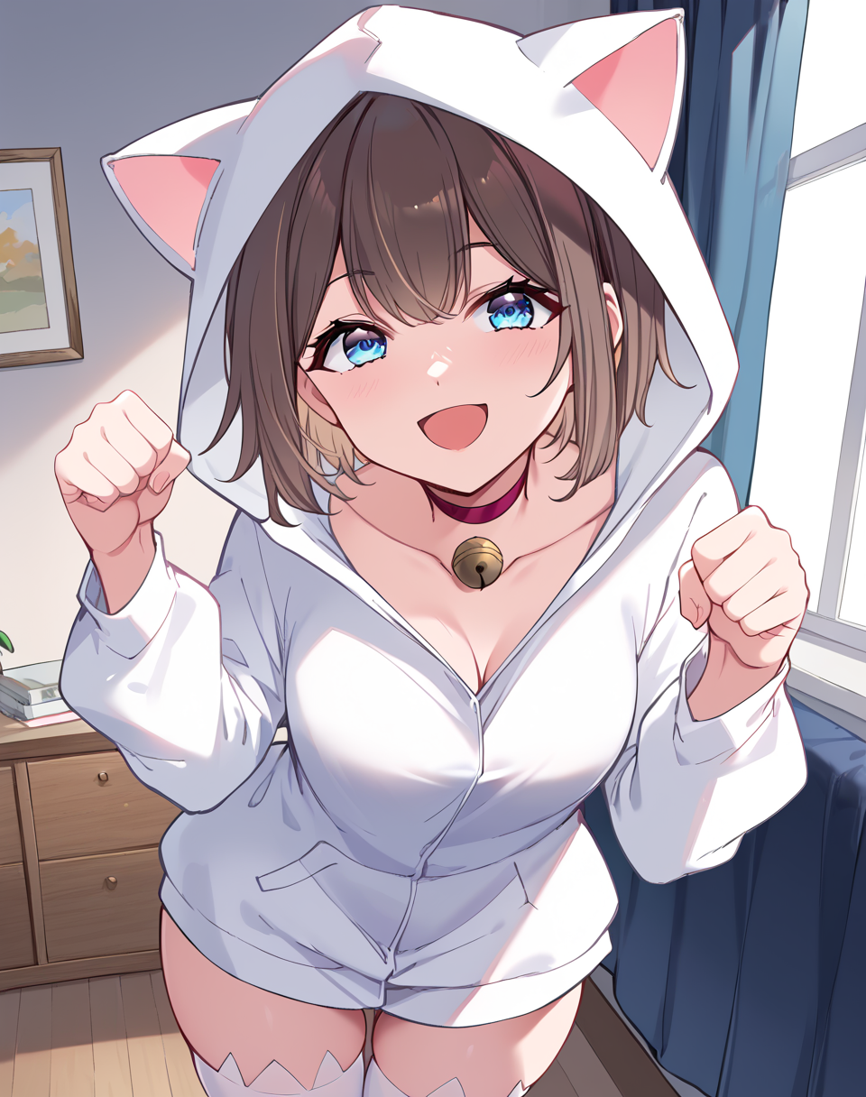 lulu_fg, brown hair, short hair, blue eyes, white hood, animal hood, hood up, bell, neck bell, cat hood, thighhighs, red choker, long sleeves, cat pijamama  BREAK indoors, bedroom BREAK looking at viewer, sexy face, sexy smile, open mouth, cowboy shot,  paw pose BREAK score_9, score_8_up, score_7_up, source_anime ,zPDXL, perfect hand,  <lora:Lulu:0.8>