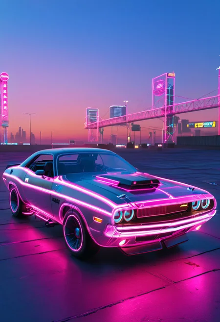 ((masterpiece)), 8k, dodge challenger car, cyberpunk city, neon signs, at sunrise, best quality, 1980, magenta neon, grid, vaporwave, (intrincated details:1.2), (photorealistic), (masterpiece), (photography), cinematic lighting, mad-vprwv, ground vehicle, cyberpunk car, widebody, drone car, retrowave atmosphere, <lora:Drone_Cars_XL:1>