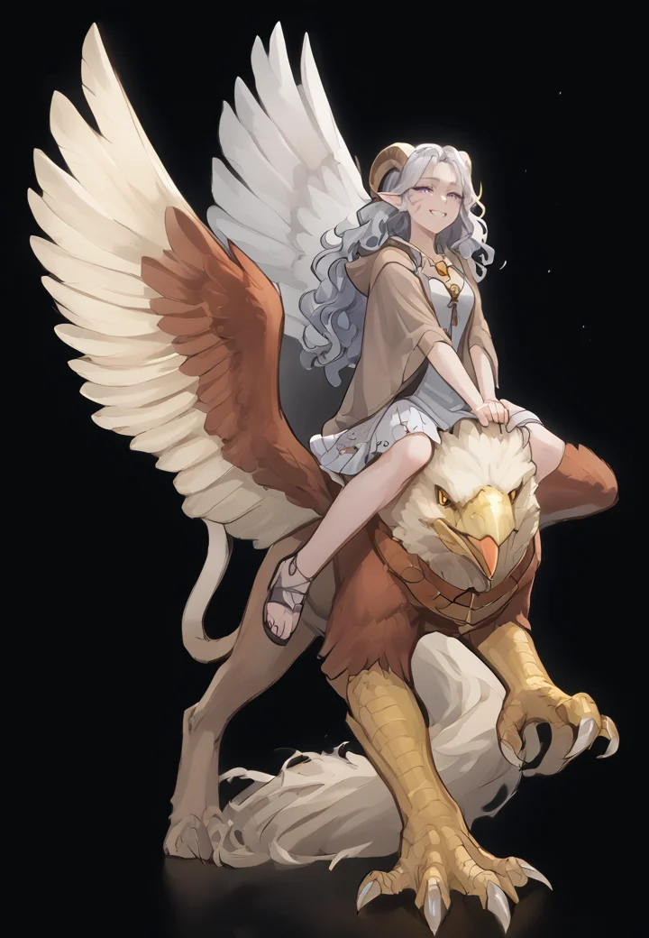 source_furry, score_7_up, rating_safe, source_anime, anime face, <lora:whisker_markings:0.8>red whisker_markings, silver long wavy hair, bell necklace, short pointy ears, purple eyes, <lora:age_slider_v4:0.6> full body, close up,
<lora:Test_Diana:0.9> tiefling_bard_diana:1.5, robe, cloak,
girl riding griffin,
griffin, riding griffin, <lora:Tieflingnew weird fantasyDND:0.3><lora:Smooth Style 2 SDXL_LoRA_Pony Diffusion V6 XL:0.3> smile, open eyes, <lora:INKxXmo shaded face:0.7> Shaded FaceINKxXmo Dark Theme, <lora:griffin:0.8> <lora:azuu:0.4> azuu