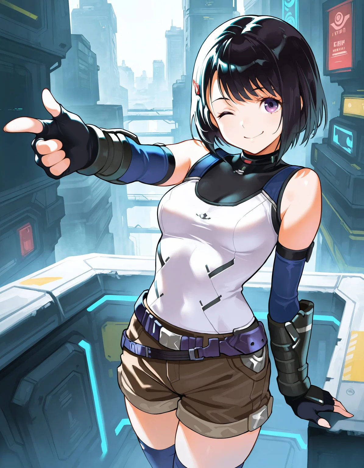 1girl,<lora:lin lee koo 2units_illustriousXL:0.8>,lin switch,purple eyes,hairclip,elbow gloves,fingerless gloves,gauntlets,white shirt,belt,brown shorts,blue thighhighs,cowboy shot,standing,smile,one eye closed,pointing,looking at viewer,science fiction,city,masterpiece,best quality,amazing quality,