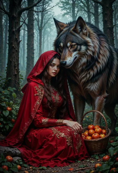 Highly detailed and dramatic digital artwork featuring a fantasy scene set in a misty forest. The layout is vertical, focusing on a young woman with fair skin and long, dark hair, wearing a red hooded cloak and a matching dress with intricate lace details. She is seated on the forest floor, leaning against a large, realistic wolf with a thick, gray fur coat. The woman's expression is serene, and she holds a basket filled with bright orange apples. The background is filled with tall, shadowy trees, creating a mysterious and enchanting atmosphere. The overall color palette is rich and earthy, with deep reds, browns, and greens, enhancing the fairy tale theme of the image.