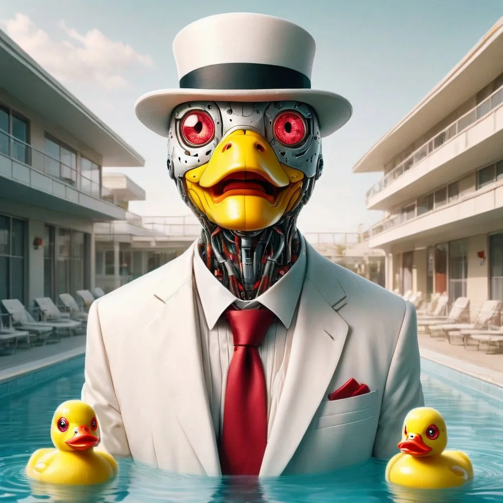 Duck cyborg, red feather wings,DuckiferXL, ais-rbts, green head, happy, cute
