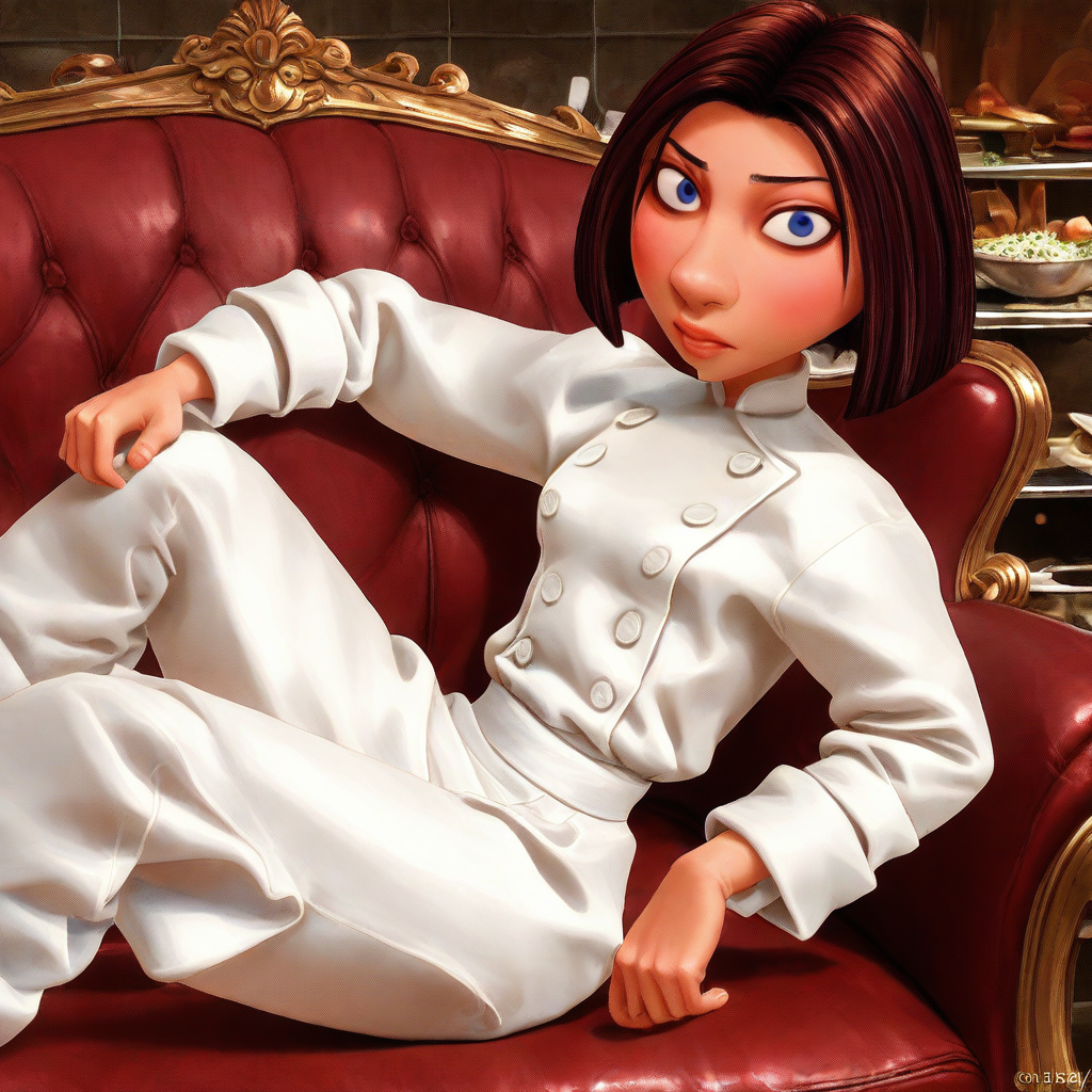 masterpiece, best quality, solo, colette_t, 1girl, short hair, brown hair, blue eyes, chef attire, sitting, sofa