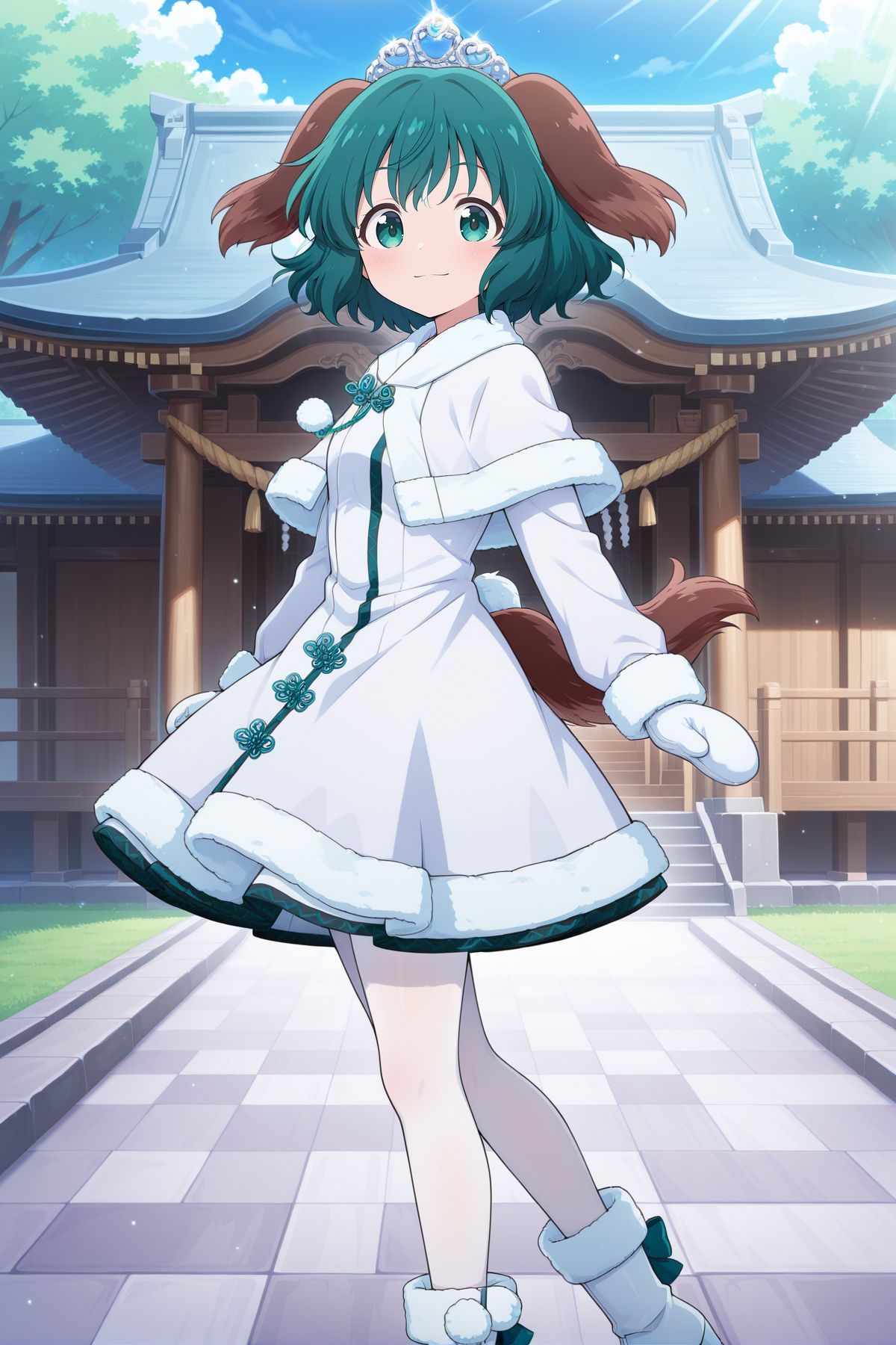 absurdres, highres, masterpiece, best quality, amazing quality, official anime artwork, screencap, anime screencap, outdoors, looking at viewer, light smile, dynamic pose, 
 <lora:Kyouko-Kasodani_Illustrious:1> kasodani kyouko, 1girl, solo, green eyes, green hair, medium hair, dog ears, dog tail,, alternate costume, tiara, white capelet, fur-trimmed capelet, pom pom (clothes), white dress, fur-trimmed dress, fur-trimmed sleeves, long sleeves, white pantyhose, white boots, fur-trimmed boots, white mittens,
shrine, day, from the side,