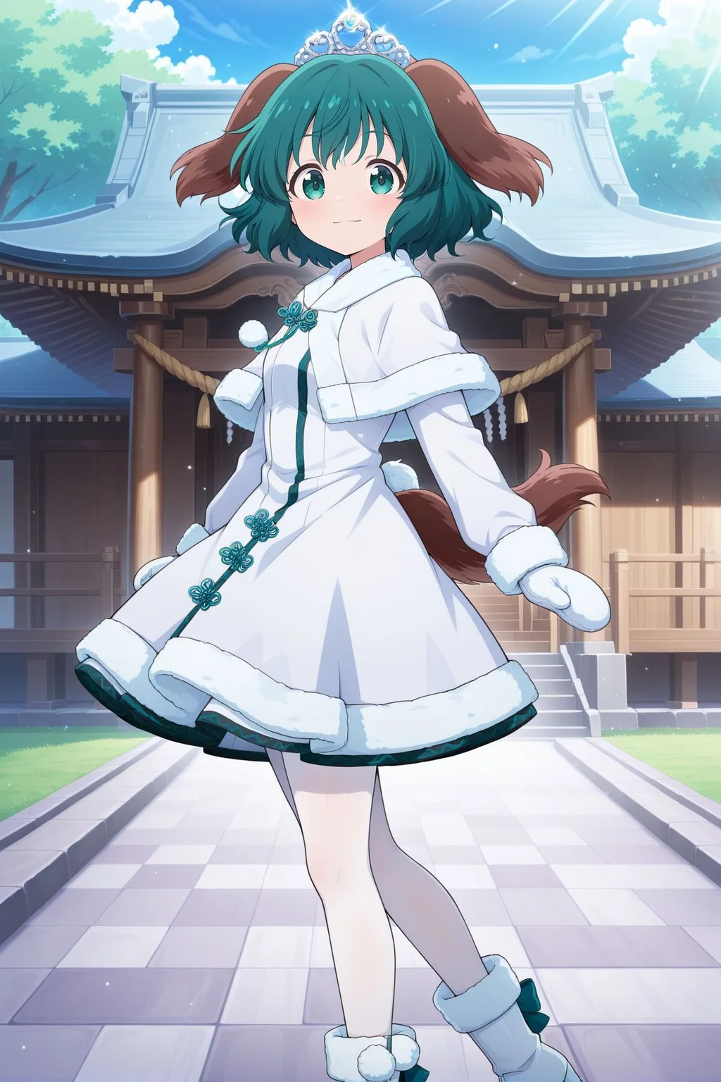 absurdres, highres, masterpiece, best quality, amazing quality, official anime artwork, screencap, anime screencap, outdoors, looking at viewer, light smile, dynamic pose,
<lora:Kyouko-Kasodani_Illustrious:1> kasodani kyouko, 1girl, solo, green eyes, green hair, medium hair, dog ears, dog tail,, alternate costume, tiara, white capelet, fur-trimmed capelet, pom pom (clothes), white dress, fur-trimmed dress, fur-trimmed sleeves, long sleeves, white pantyhose, white boots, fur-trimmed boots, white mittens,
shrine, day, from the side,