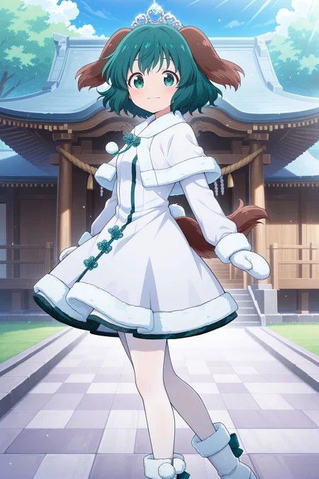 absurdres, highres, masterpiece, best quality, amazing quality, official anime artwork, screencap, anime screencap, outdoors, looking at viewer, light smile, dynamic pose, 
 <lora:Kyouko-Kasodani_Illustrious:1> kasodani kyouko, 1girl, solo, green eyes, green hair, medium hair, dog ears, dog tail,, alternate costume, tiara, white capelet, fur-trimmed capelet, pom pom (clothes), white dress, fur-trimmed dress, fur-trimmed sleeves, long sleeves, white pantyhose, white boots, fur-trimmed boots, white mittens,
shrine, day, from the side,