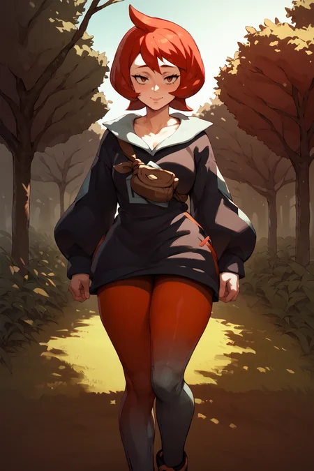 arezu, pantyhose, short hair, red hair, gradient legwear, cowlick ,in an open field,=<lora:RD-MAnon-XLV1.1:1>, outside, in a park, <lora:Arezu_pokemon:1> facing viewer, , source_anime, score_9_up, score_7_up, score_8_up