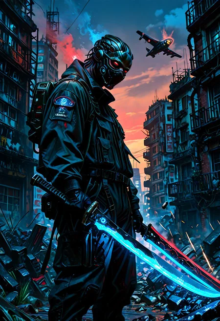masterwork, masterpiece, amazing quality, best quality, detailed, depth of field, high detail, very aesthetic, 8k, high resolution, photorealistic, realistic skin, realistic anatomy, good anatomy,
matte digital painting, line art,ink art, meticulous shading, 3d shading,
deep colour, high contrast, hyperdetailed, sharp edges, precise, clear focus, detailed face, face focus, sideview, wide shot, looking at viewer,
dynamic image of a woman, soldier, enigmatic, (glowing red eyes), wearing a matte black modular suit of armor, molded armour, high-tech combat armour, futuristic, holding a futuristic naginata (blue glowing blade:1.5), good hands, ready to fight, standing tall, black face mask,fighting in the streets of a futuristic city, gritty, urban warfare, damaged futuristic buildings, debris,
alien fighter planes overhead, firing missiles, night sky, distant fires, smoky sky,
emwv2-illu