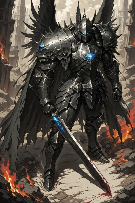 amazing quality, film grain, realistic, (cinematic:1.3), textured sketch, 1 man, solo, full power armor, muscular, heroic male knight, blue glowing accents on armor, dark silver and steel tones, misty steam rising from helmet vents, epic battlefield, standing atop a pile of bodies, dead warriors beneath him, broken weapons, smoke and fire in the background, blood-soaked ground, tattered banners, dramatic lighting, glowing embers in the air, glowing runes, heavy warhammer held in hand, dynamic heroic pose, detailed textures, realistic shading, dutch angle, view from above, atmospheric fog, epic and cinematic composition, fantasy digital painting, high detail, fantasy genre, anime-influenced realism, professional art, eps, armor, fire, blood,
A futuristic cityscape with a large robot in the center. the robot is made up of multiple arms and legs, and it appears to be in a battle-ready stance. the background is filled with smoke and flames, creating a chaotic and intense atmosphere. in the foreground, there are several smaller robots scattered around the city, some of which appear to be attacking the robot. the robots are made of metal and have intricate designs on their bodies. they are holding weapons and shields, suggesting that they are ready for battle. the overall mood of the image is tense and action-packed, conveying a sense of danger and destruction.
masterpiece, best quality, very aesthetic, absurdres
<lora:hina_MixArmor_x215c:0.9>