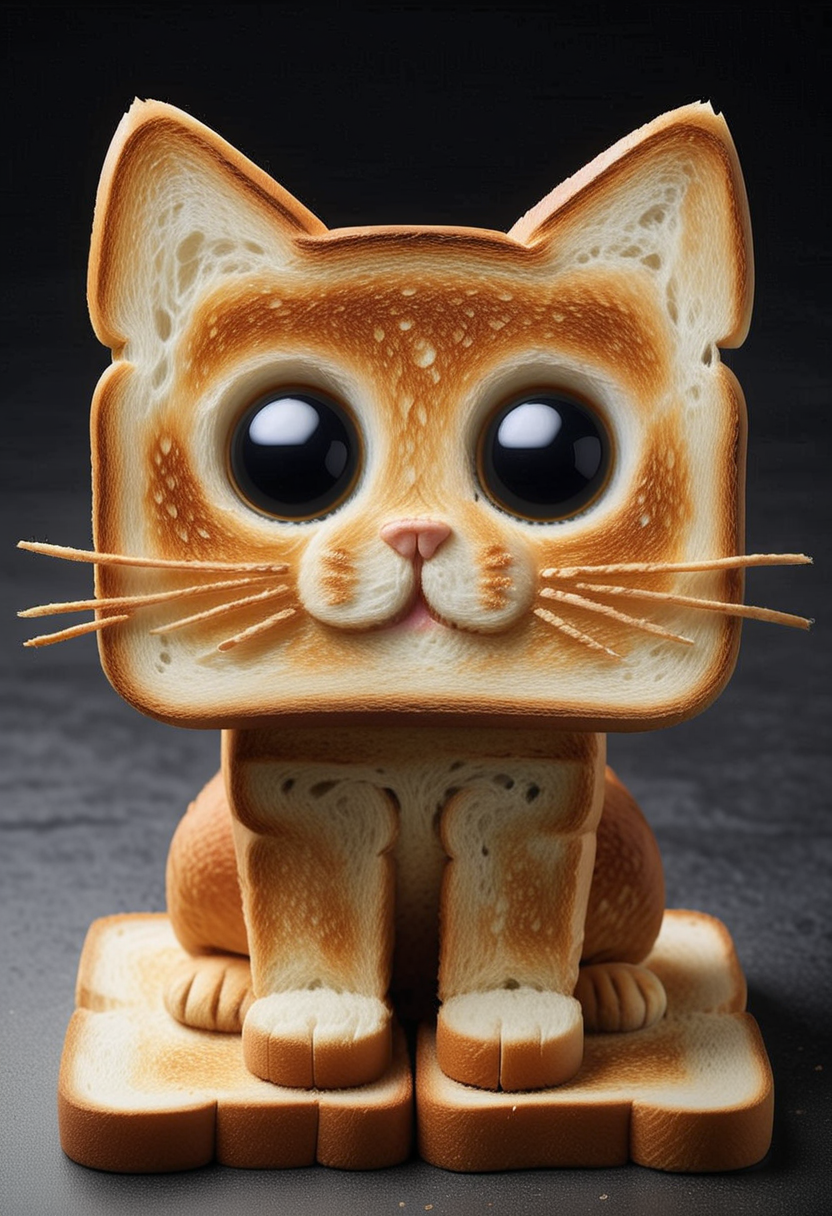 T04STS, a cute cat is made of toasts, detailed face, (big eyes:0.9), detailed eyes, ,Masterpiece,best quality, raw photo, realistic, very aesthetic