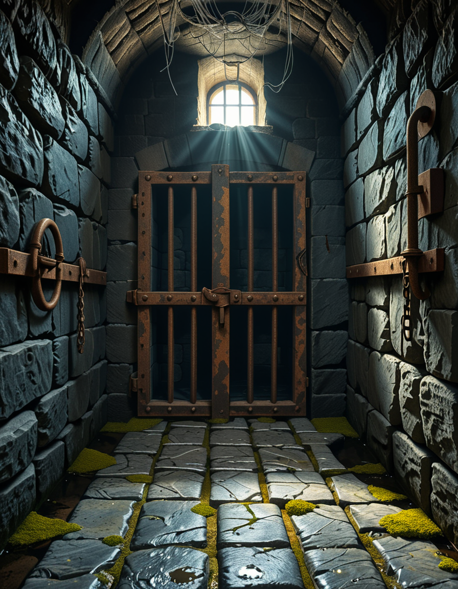 A highly detailed, hyper-realistic photograph of a dark medieval dungeon prison cell. The scene is dimly lit by a single flickering torch mounted on a damp stone wall, casting eerie shadows across the rough, moss-covered stones. Heavy, rusted iron bars form the cell door, slightly ajar, with visible corrosion and ancient padlocks. Inside the cell, there is a straw-covered floor, old wooden buckets, and a crude, splintered wooden bench against the back wall. Chains and manacles hang loosely from the walls, showing signs of long-term use. The atmosphere is cold, humid, and oppressive, with faint light rays piercing through tiny cracks in the stone ceiling. Cobwebs stretch across the corners of the cell, and faint water drips from above, creating small puddles. The overall mood is grim, desolate, and foreboding. Photorealistic style, with high dynamic range (HDR) lighting and extreme attention to textures like rust, moisture, and decay.
<lora:SDXLFaeTastic2400:0.4> <lora:extremely_detailed:0.4> extremely detailed,<lora:medieval_dungeon_pr1s0n_c3ll:1>,medieval dungeon pr1s0n c3ll, Masterpiece,best quality,hi res,8k,hi res,8k,award winning,(sharp focus, intricate, highly detailed),