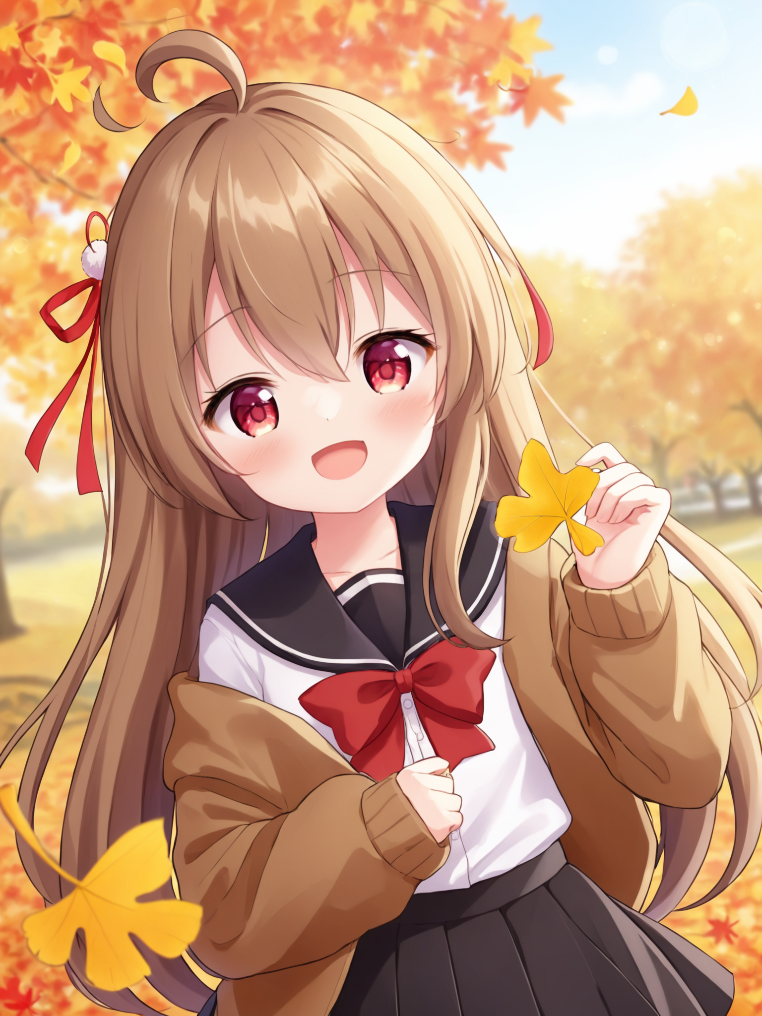 1girl, skirt, solo, shirt, school uniform, white shirt, smile, pleated skirt, sailor collar, ribbon, red eyes, hair ornament, :d, bangs, long hair, two side up, serafuku, hair between eyes, black skirt, open clothes, neck ribbon, black sailor collar, sleeves past wrists, x hair ornament, very long hair, long sleeves, holding, off shoulder, autumn leaves, looking at viewer, ginkgo leaf, hands up, red ribbon, ahoge, blurry background, breasts, hairclip, open mouth, medium breasts, black ribbon, blurry, blush, outdoors, holding leaf, leaf, cardigan, heart, hair bow, hair ribbon, brown hair, open cardigan, bow, fang, depth of field, brown cardigan, pom pom (clothes), signature,<lora:YP-SDXL-Locon-2025.3.15-version2-64-32-16-8-000049:0.45>,<lora:WR-SDXL-Locon-2025.3.10-version1-64-32-16-8:0.3>,