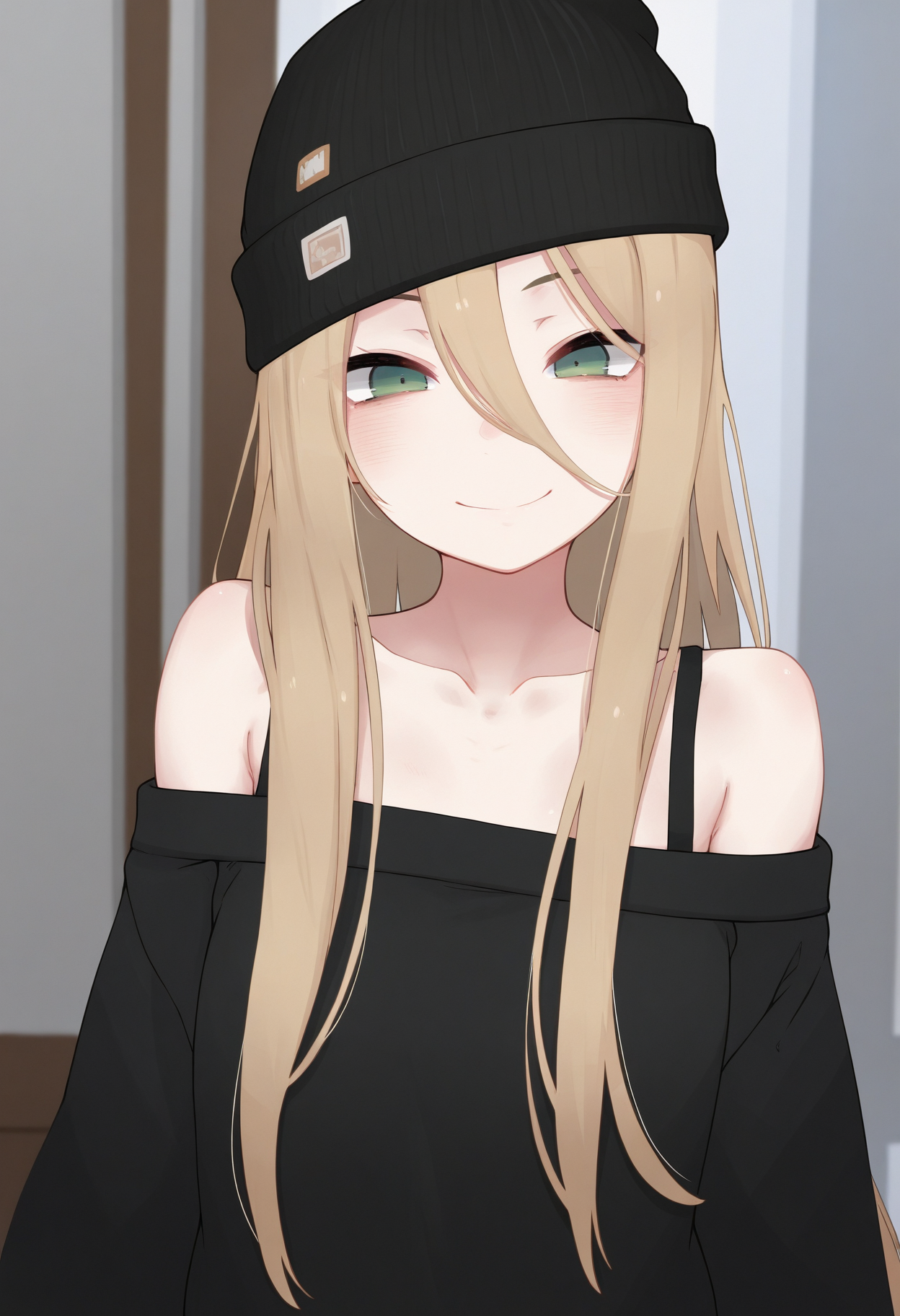 masterpiece,best quality,amazing quality,
1girl, solo, green eyes, hat, beanie, looking at viewer, closed mouth, blonde hair, long hair, smile, hair between eyes, black headwear, collarbone, bare shoulders,
 <lora:Rawell-000008:1>