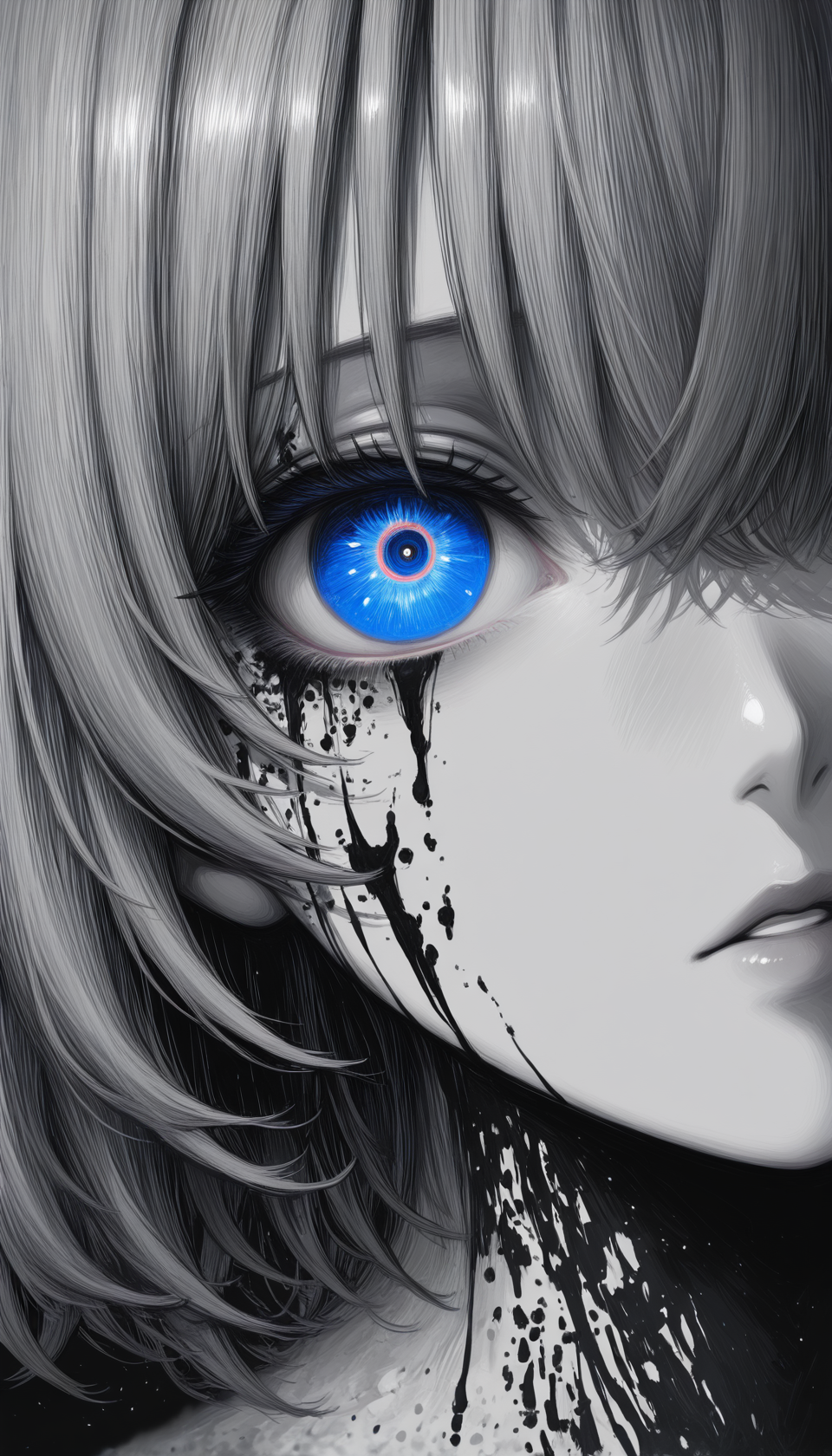 masterpiece, 8K, depth of field, focused subject, best quality,newest, absurdes, 1girl, solo, pretty, sexy, attrative, abtract painting, mosaik, flakes of ash gather into a female silhouette, blurred and mystical, close up portrait on canvas, dym lit, dark soft palette, grey color prevail, monochrome, shading, blue eyes glowing, eternal space reflected in eyes, sadness, ink painting, symbol of self-destruction, depression, melancholy of loneliness,chaotic grunge, ultra realistic, clear illustrations, ultra detailed, creative artwork, g0zena_illu, 15546+456868, sometyome_illu, <lora:G0zeNA_style:0.55>, <lora:114558v4df2fsdf5:0.45> <lora:NOOB_vp1_detailer_by_volnovik_v1:1> <lora:illustriousXL_stabilizer_v1.23:1> <lora:sometyome_style:0.4>