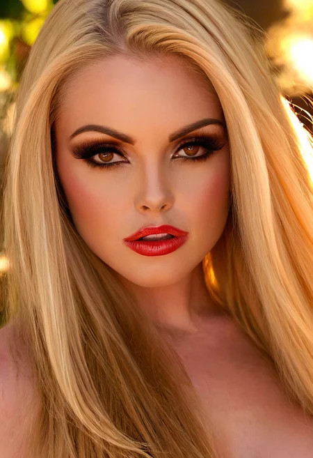 JessHorn, A stunning young woman with long, flowing blonde hair illuminated by warm sunlight. Her eyes are captivating, deep hazel with a golden glow, framed by thick lashes. Her lips are full and painted a bold, seductive red, complementing her flawless, smooth skin with a subtle sun-kissed glow. Her expression is confident, alluring, and slightly mysterious.jesshorn
