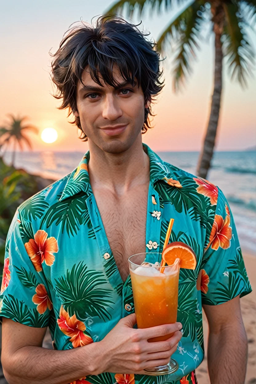 score_9, score_8_up, score_7_up, score_6_up
<lora:BGGortash:0.8>
BGGortash, 1boy, short hair, black hair, looking at viewer, male model wearing a Hawaiian shirt, smiling, holding a coconut drink, vibrant sunset, palm trees swaying in the breeze, tropical vibes