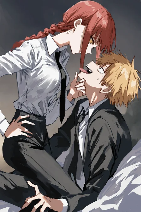 1boy, 1girl, denji \(chainsaw man\), makima \(chainsaw man\), chainsaw man,
(amaichi esora:0.8), (stu dts:0.7), (remsrar:0.6), (na tarapisu153:0.8),
(fuya:0.7), (tempupupu:0.77), black eyes, collared shirt, (hand on another's chin:1.2100000000000002), looking at another, looking down, looking up, sharp teeth, shirt, smile, teeth, yellow eyes, bedroom, hand on own hip, short hair, black jacket, bed sheet, blonde hair, long sleeves, black necktie, shirt tucked in, red hair, tongue, breasts, pant, ringed eyes, fangs, grabbing another's chin, long hair, braid, looking at viewer, tongue out, sidelocks, jacket, white shirt, necktie, braided ponytail, upper body, open mouth, medium breasts, black pants,
masterpiece, best quality, highres, absurdres