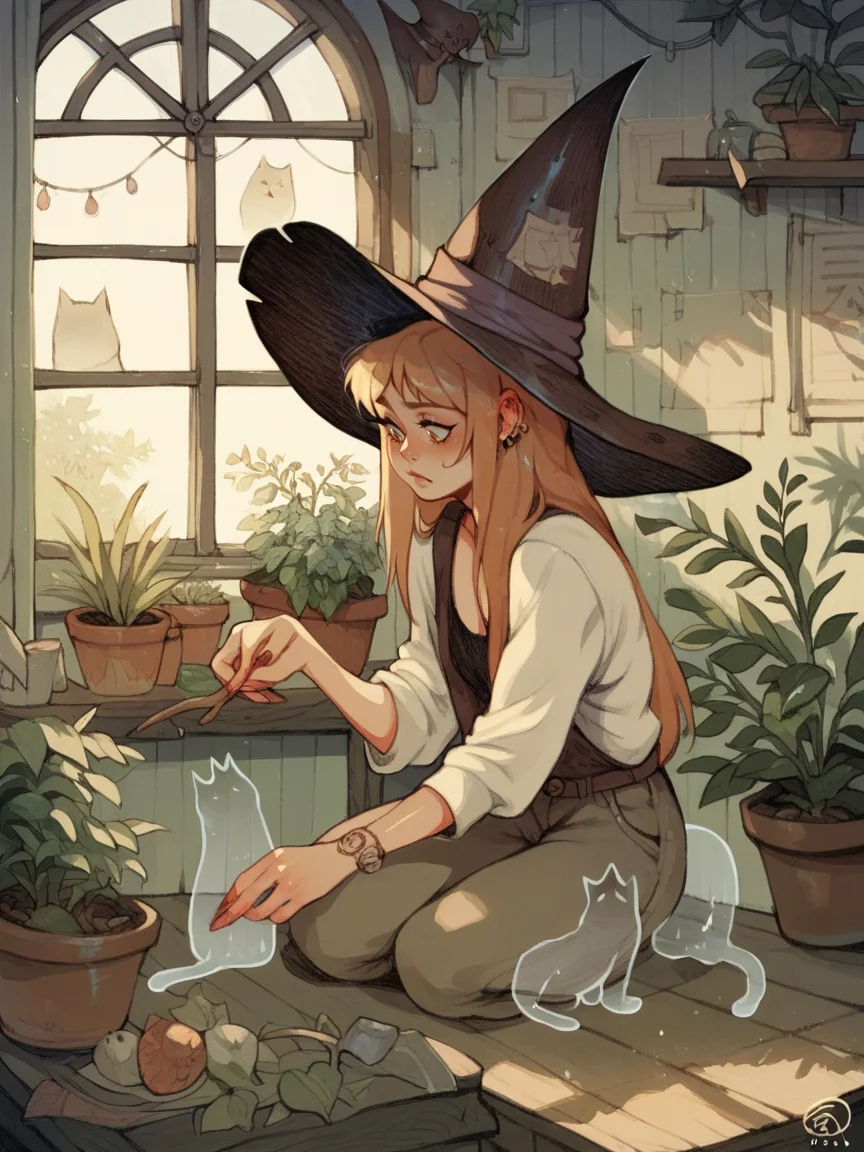 score_9, score_8_up, score_7_up, score_6_up, score_5_up, <lora:s1mzXLP:0.9> s1mz, potted plant, witch hat, cat, long hair,