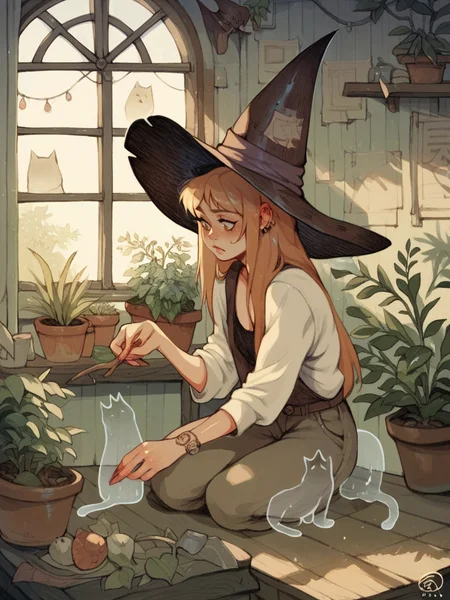 score_9, score_8_up, score_7_up, score_6_up, score_5_up,  <lora:s1mzXLP:0.9> s1mz, potted plant, witch hat, cat, long hair,