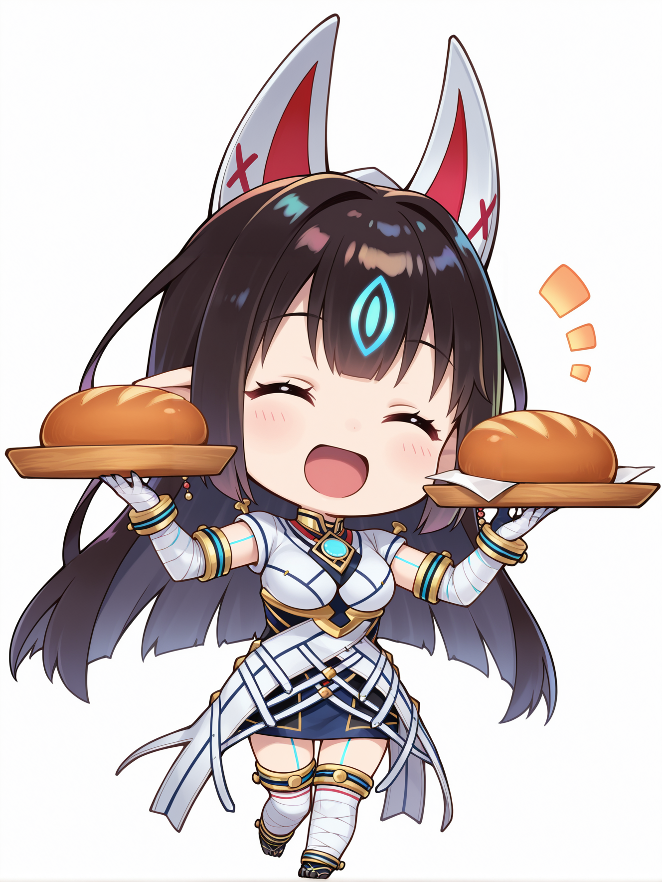 chibi, kasandra \(xenoblade\), 1girl, solo, white background, simple background, smile, tray, open mouth, holding tray, bread, :d, blush, looking at viewer, full body, closed eyes, fox mask on head back, white japanese dress, white bandaged gloves, ball earrings, blue chest jewel, white bandaged legwear, barefoot, black animal feet,
masterpiece,best quality,amazing quality,very aesthetic,absurdres,newest,<lora:Xenoblade Chronicles 2 - Kasandra illusXL v1.2:0.75>,