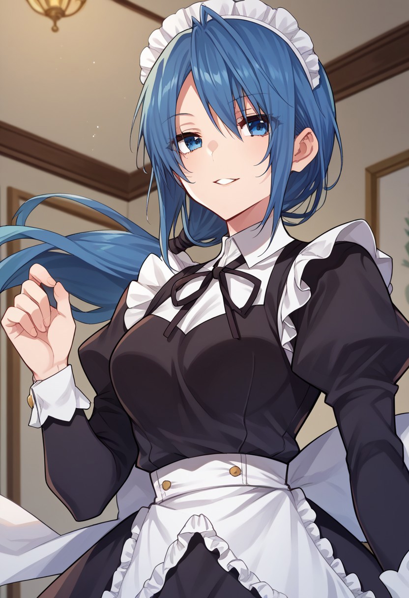 zPDXL3, score_9_up, score_8_up, score_7_up, (Anime_source), 1girl, JunShiosato-artstyle, blue eyes, blue hair, long hair, low ponytail, maid outfit, headdress, cowboy shot, looking at viewer, floating hair, parted lips, smile, indoor, formal