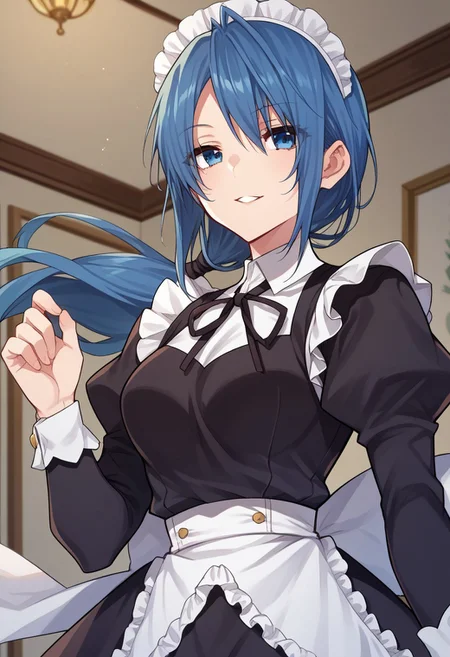 zPDXL3, score_9_up, score_8_up, score_7_up, (Anime_source), 1girl, JunShiosato-artstyle, blue eyes, blue hair, long hair, low ponytail, maid outfit, headdress, cowboy shot, looking at viewer, floating hair, parted lips, smile, indoor, formal