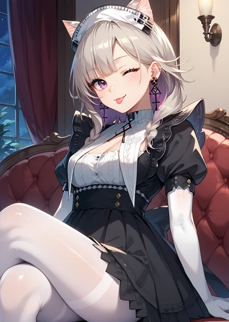 score_9, score_8_up, score_7_up, source_anime, 1girl, solo, <lora:Kazemaru_Arknights_Pony__2_Costumes_r1:1>, kazemarumaid, animal ears, grey hair, cat ears, cat girl, extra ears, purple eyes, blunt bangs, maid, maid headdress, cross earrings, tongue out, smile, elbow gloves, white elbow gloves, black dress, white pantyhose, sitting, tongue out, smile, wink, indoors, night,