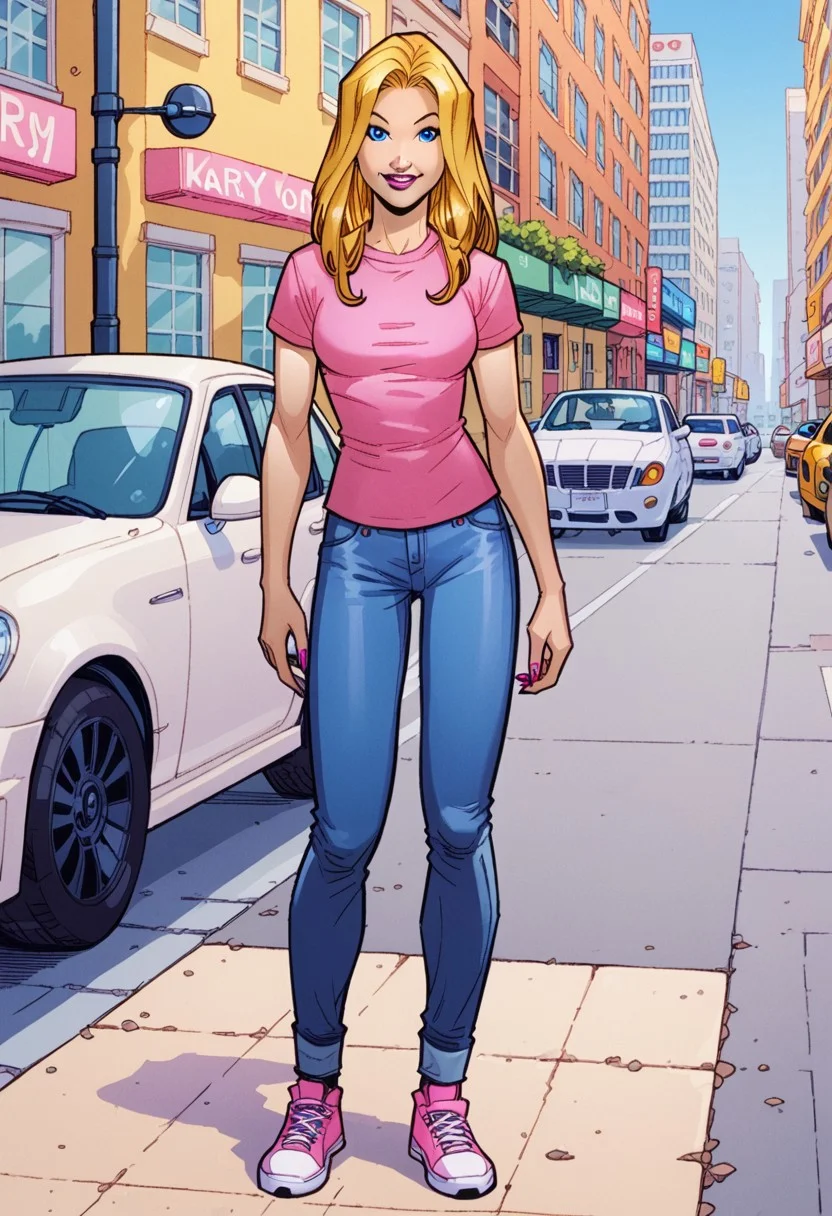 score_8, score_8_up, score_7_up, BREAK 1girl, female focus, solo, Katie_MC2, long hair, blonde hair, blue eyes, pink lips, lips, lipstick, breasts, pink nails, nail polish, pink t-shirt, jeans, denim, shoes, looking at viewer, smile, full body, standing, arms at side, outdoors, street, city, new york city background