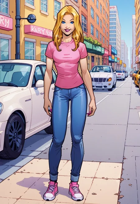 score_8, score_8_up, score_7_up, BREAK 1girl, female focus, solo, Katie_MC2, long hair, blonde hair, blue eyes, pink lips, lips, lipstick, breasts, pink nails, nail polish, pink t-shirt, jeans, denim, shoes, looking at viewer, smile, full body, standing, arms at side, outdoors, street, city, new york city background