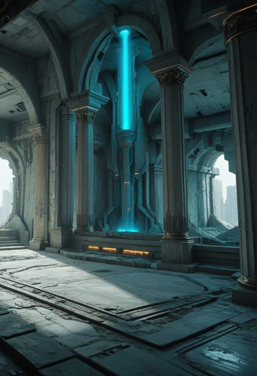 score_9, score_8_up, score_8,
cyberpunk, Albrecht, no humans,
temple, scenery, ruins, column, gate,
glowing, cyberpunk lab, blue glow,