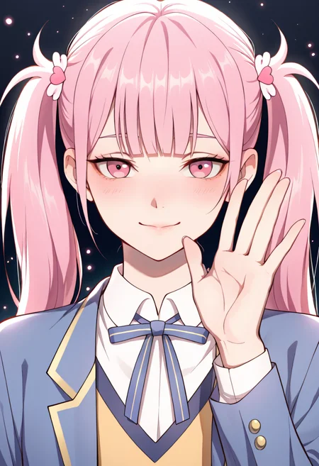 <lora:Li Tianxi School Uniform2:0.8>,15_Li Tianxi School UniformWoman,long hair,bangs,twintails,pink hair,side ponytail,pink eyes,shirt,ribbon,twintails,medium breast,light skin,1girl,school uniform,blue jacket,white shirt,collared shirt,neck ribbon,
masterpiece,best quality,intricate details,dramatic pose,confident gaze,cinematic lighting,(dark clean background,glowing magical particles:1.3),(detailed face:1.4),vibrant colors.,
waving at viewer,portrait,