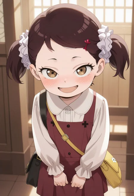 masterpiece,best quality,amazing quality,becky blackbell, female child, child, brown hair, brown eyes, short twintails, 1girl, solo, hair ornament, smile, bag, dress, open mouth, flower, hair flower, blush, looking at viewer