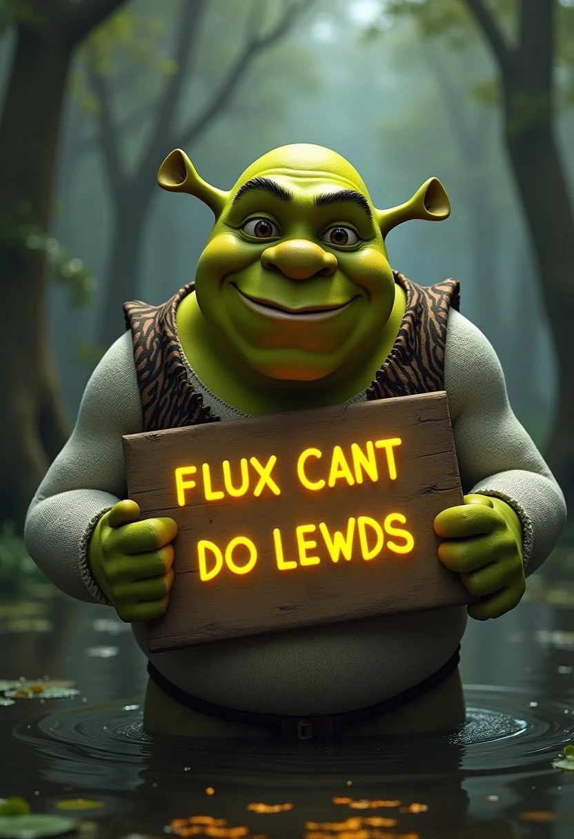 Photorealistic Shrek, holding a sing that says "FLUX CANT DO LEWDS", swamp background, 8k, best quality, masterpiece, detailed background, neon text, smiling