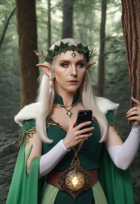 Fantasy Photoshoot, studio photography, cosplay,
phone photo of elf princess in the forest uploaded on snapchat, excessive decorations, very aesthetically positioned
