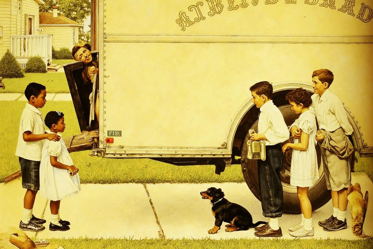 normanrockwell1 painting.
A scene in the suburb in the 1950s. Two groups of children a facing each other.
On the left stand two African American children, one boy and a girl.
On the right stand two white boys, a girl, and a small puppy.
Behind them is a large moving truck with the head of a man sticking out of the
open back.
<lora:normanrockwell1_cap_d6a3e12:1.0><lora:841437746301214347:0>
