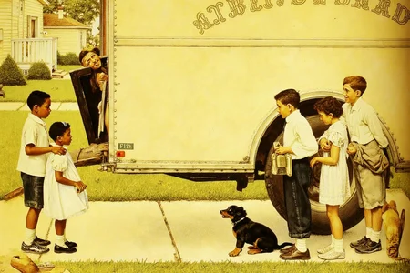 normanrockwell1 painting.
A scene in the suburb in the 1950s. Two groups of children a facing each other.
On the left stand two African American children, one boy and a girl.
On the right stand two white boys, a girl, and a small puppy.
Behind them is a large moving truck with the head of a man sticking out of the
open back.
<lora:normanrockwell1_cap_d6a3e12:1.0><lora:841437746301214347:0>