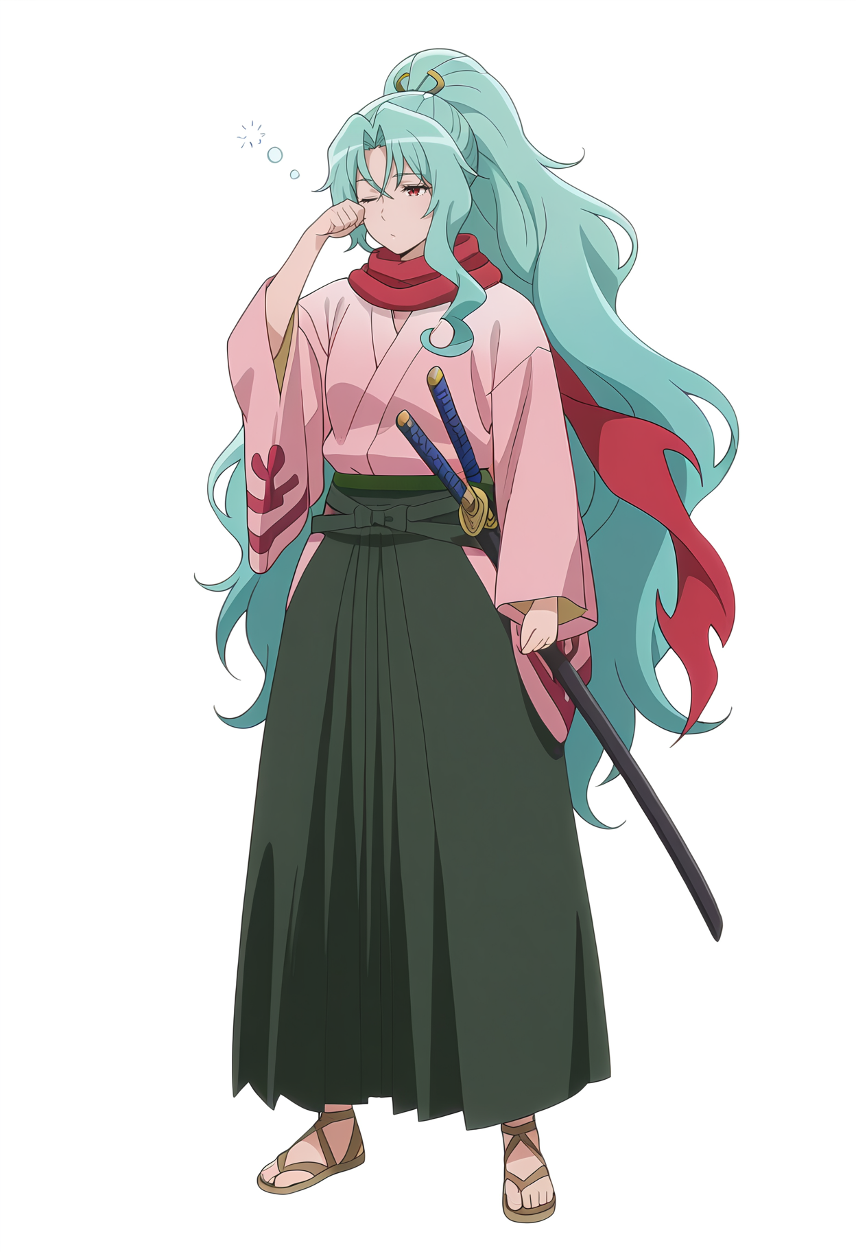 Smooth Quality,masterpiece, ultra realistic,
simple background, white background, 
front view,sleepy,
 <lora:Tomoecnn:0.8> sofia/cnn, 1girl, long hair, scarf, ponytail, red eyes, japanese clothes, katana, green hair, very long hair,sandals,